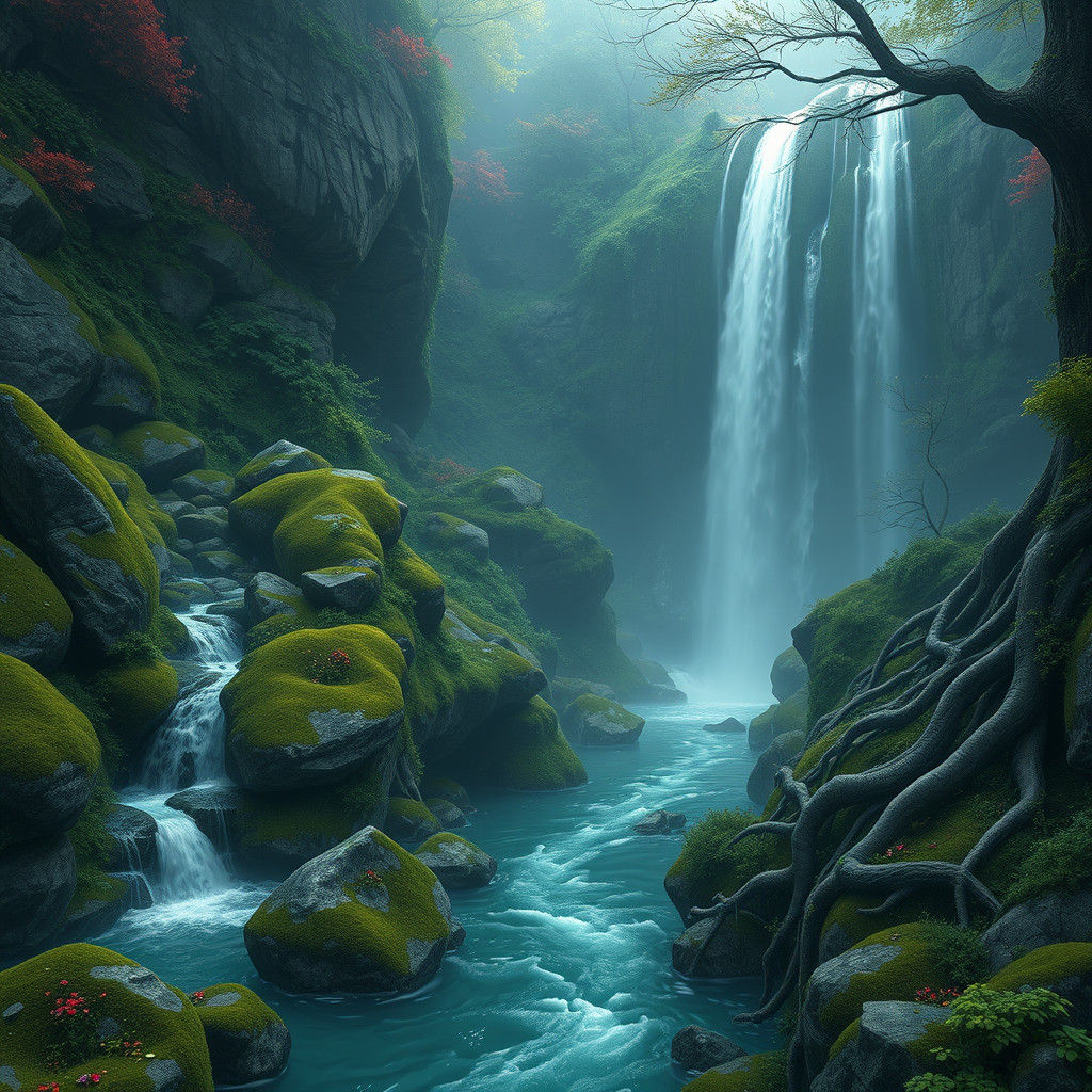 Mystical Stone Valley with Waterfall in Fantasy Style