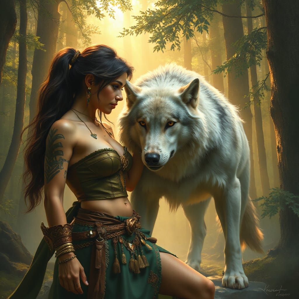 Female Beast Master Communes with Majestic Silver Wolf in An...