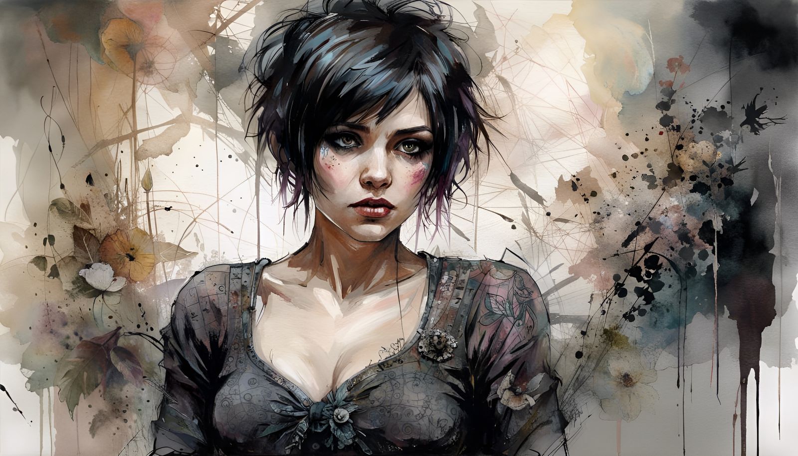 Goth Girl with Embarrassed Expression, Detailed Digital Art