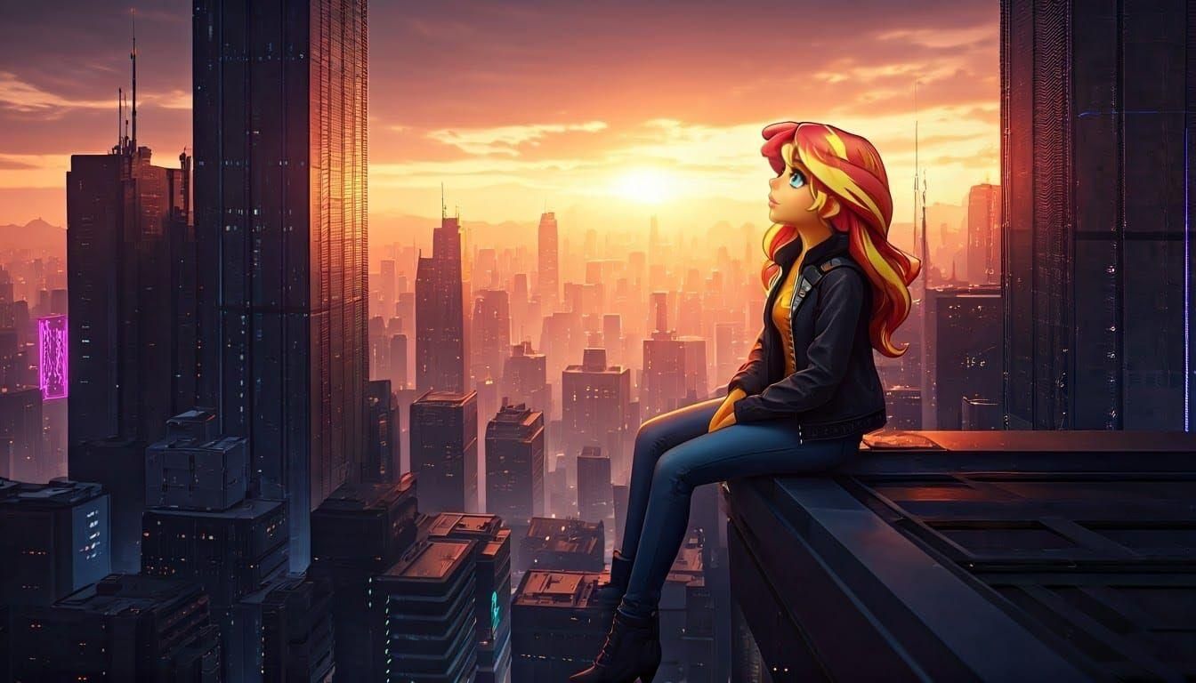 Sunset Shimmer in Cyberpunk Style on Skyscraper