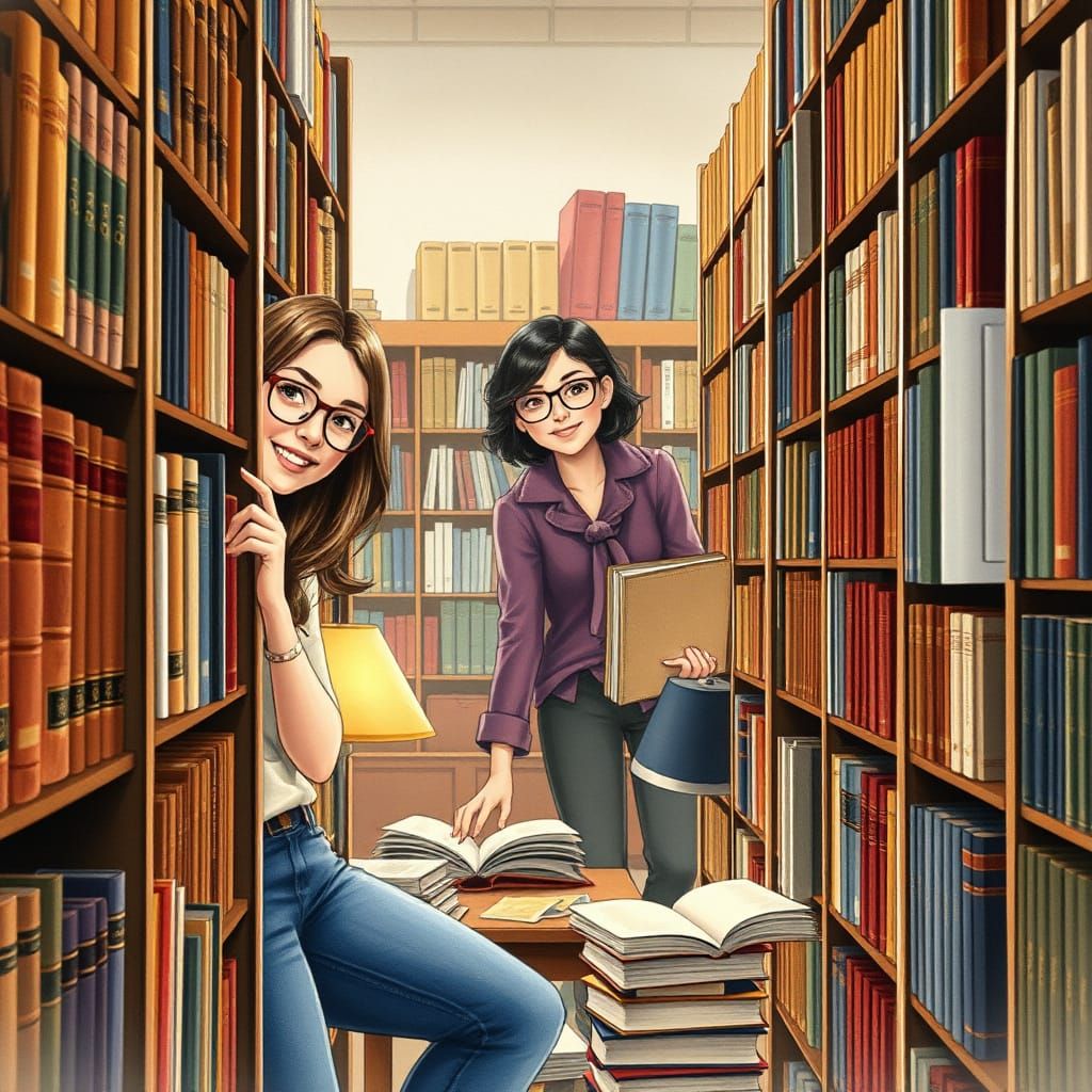 Cozy University Library Scene in Whimsical Watercolor Style