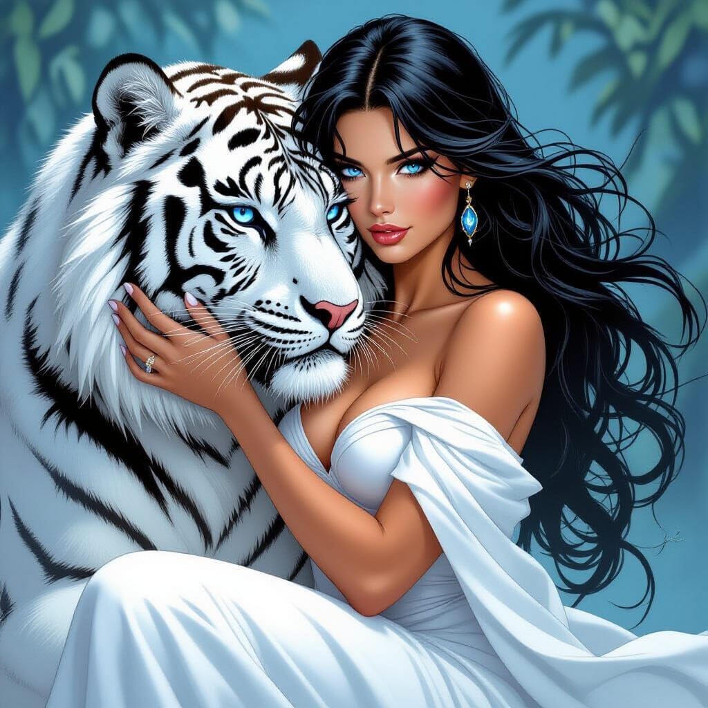 Woman and White Tiger in Comic Book Style