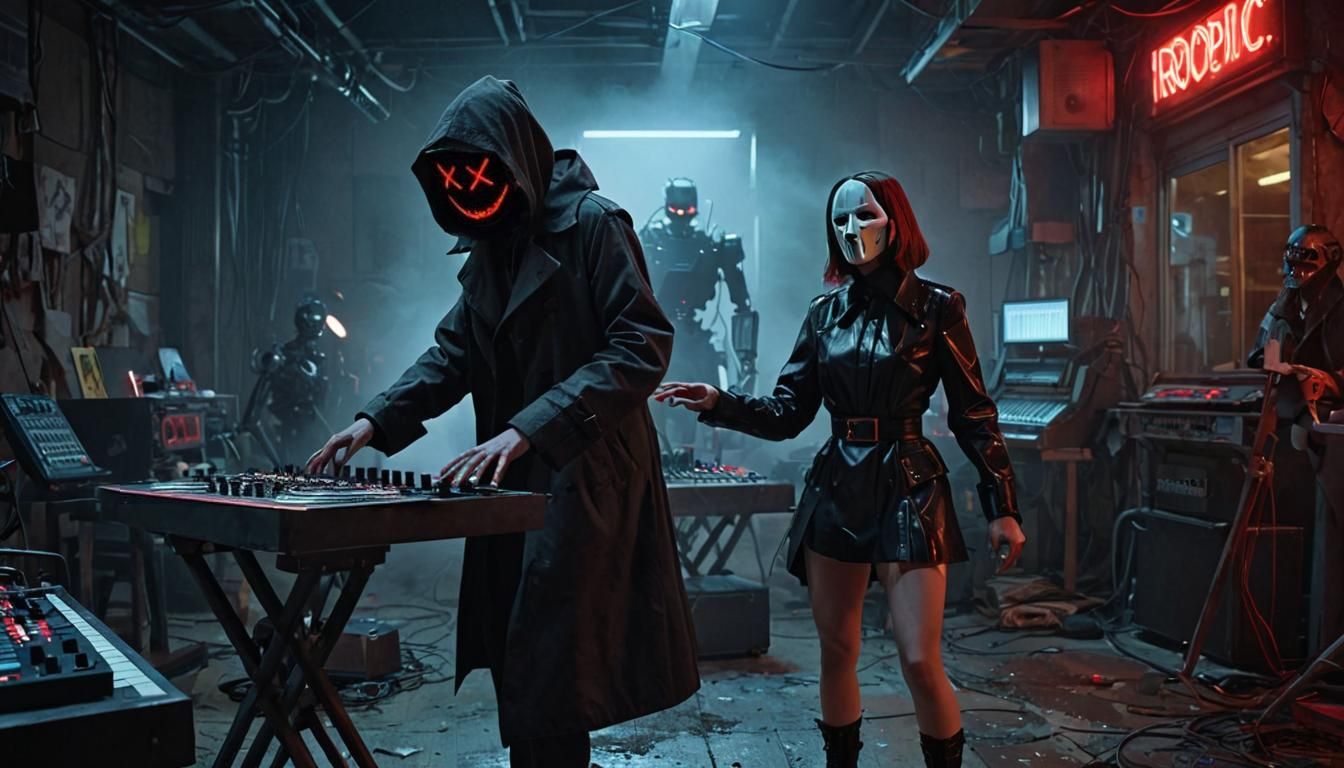 Cyberpunk Figure Plays Keyboard in Neon-Lit Stripclub