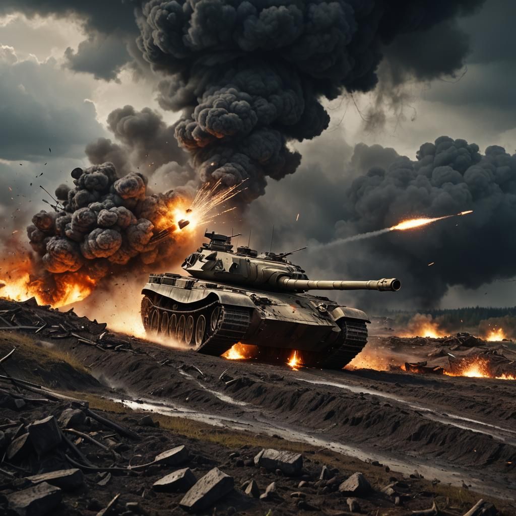 T-90 Tank Fires Shell in Stormy Battlefield