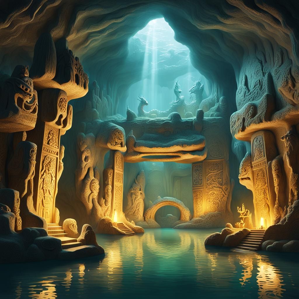 Mystical Cave with Ancient God Carvings