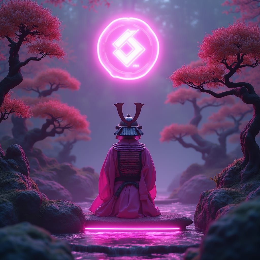 Cyberpunk Samurai in Zen Garden with Crypto Logo