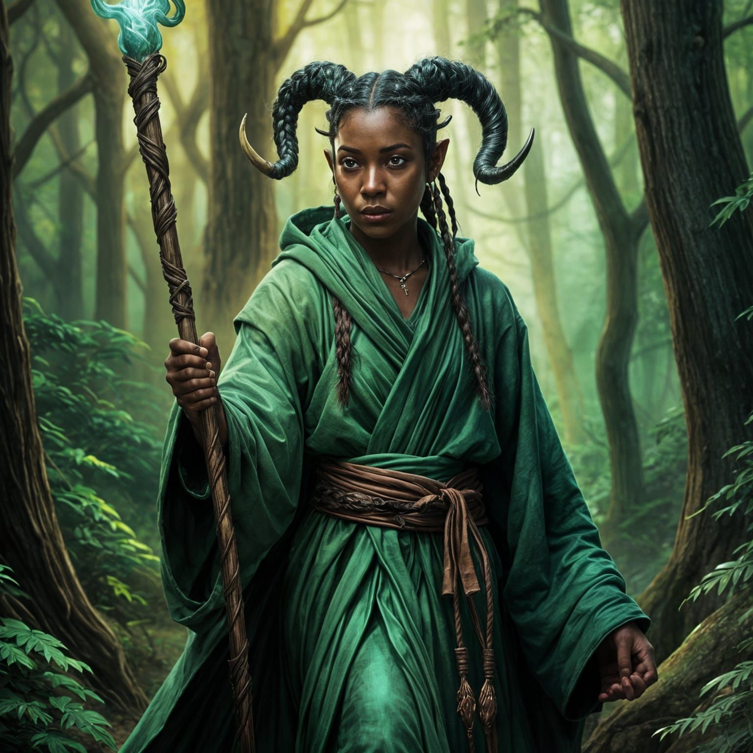 Tiefling Monk with Braids and Green Robes
