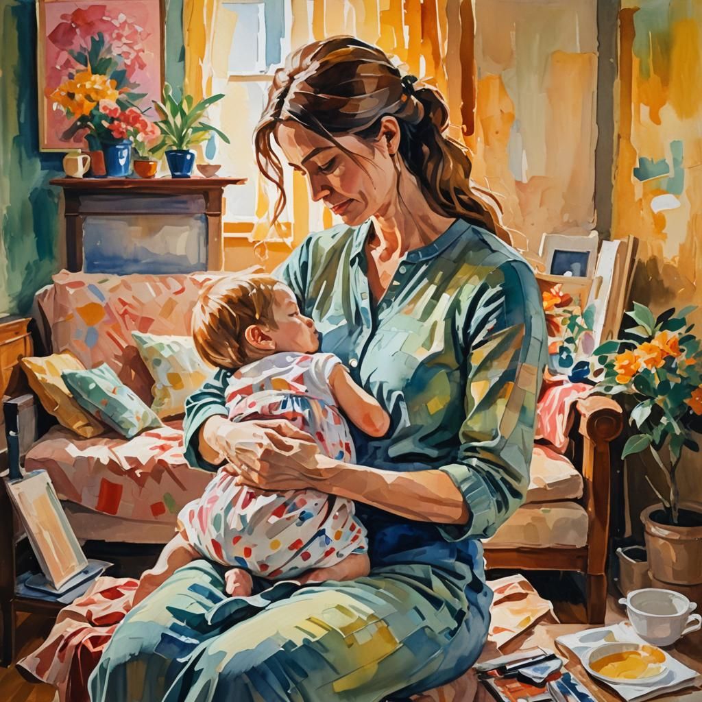 Impressionistic Gouache Painting of Mother and Child