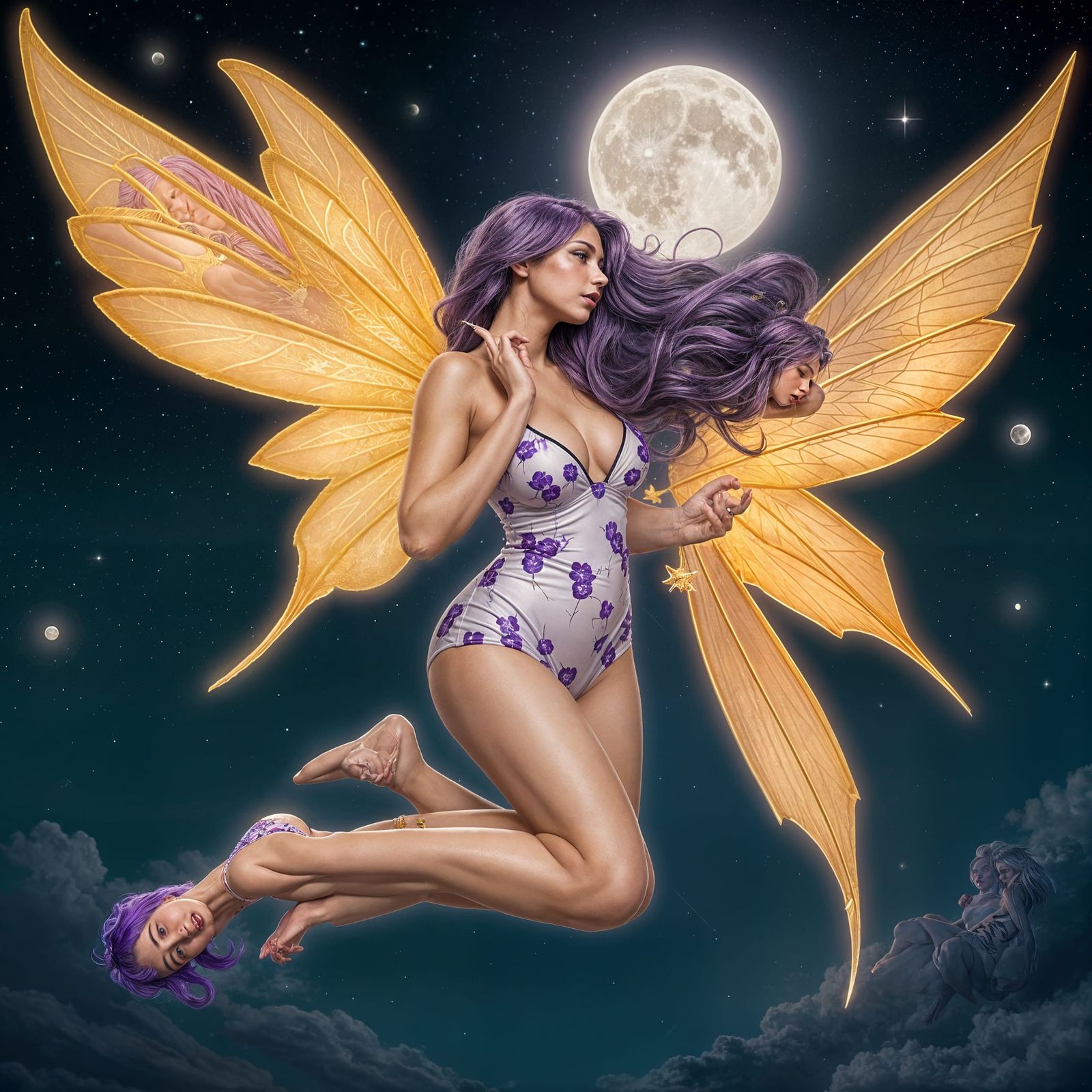 Vampire and Fairy Flying Under a Full Moon