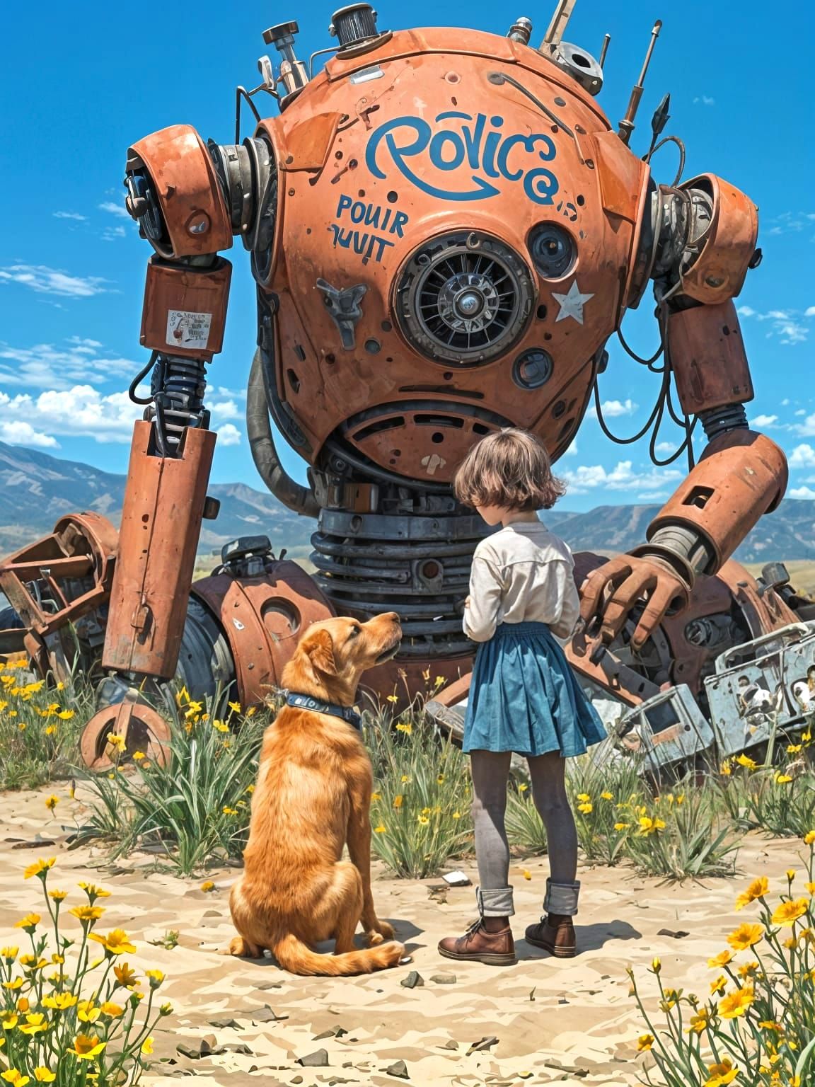 Girl and Dog Visit Robot Friend: Gouache Painting