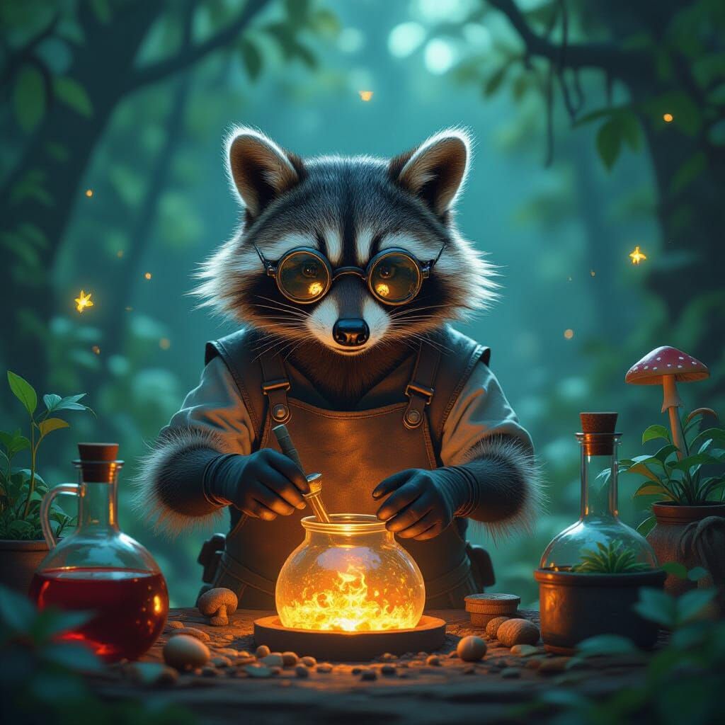 Raccoon Alchemist in Hidden Grove: Renaissance Painting