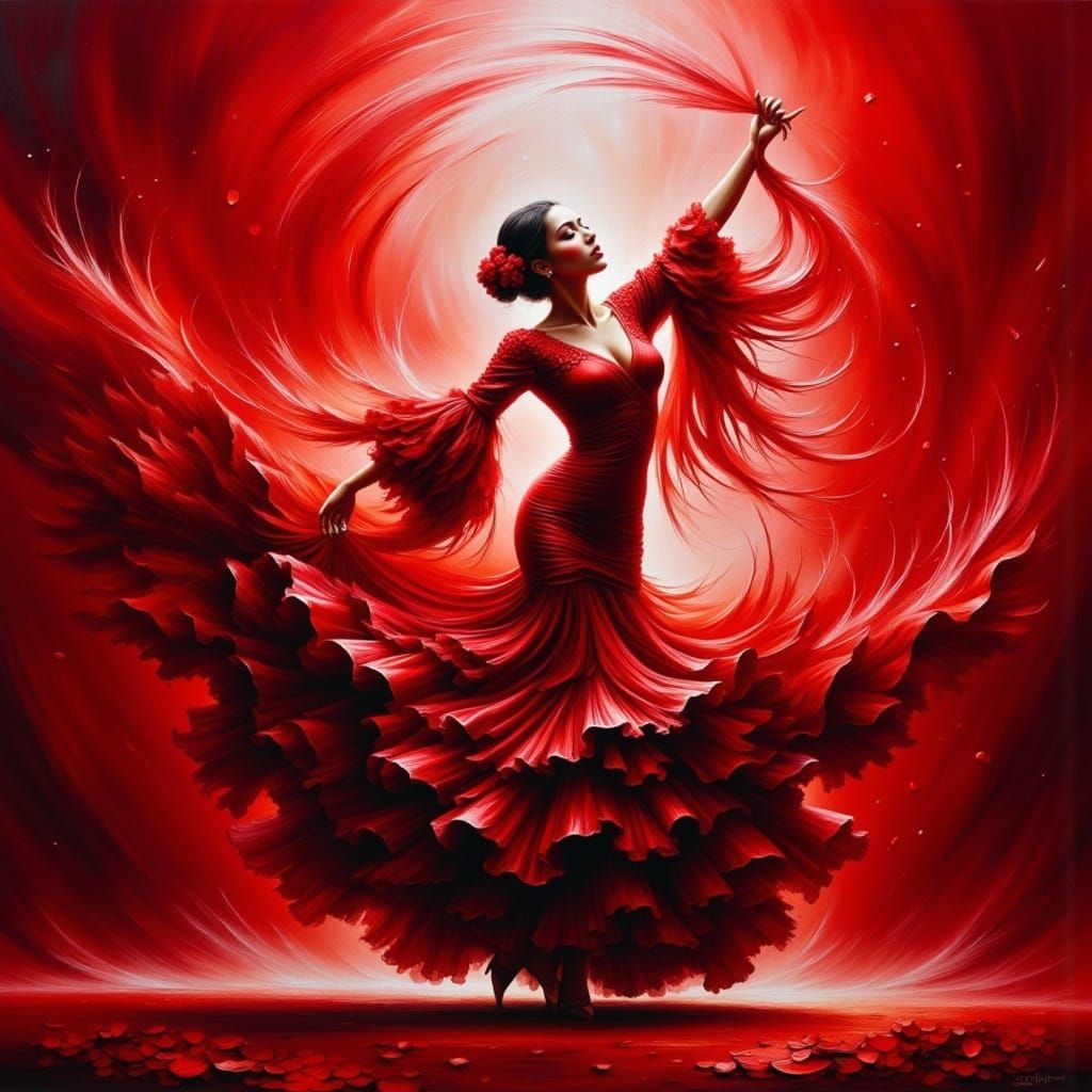Flamenco Dancer in Crimson, Impasto Style Painting