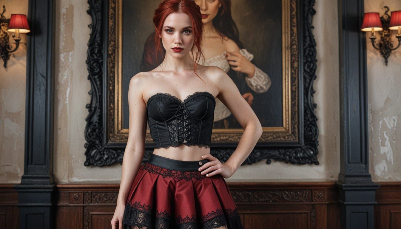 Sensual Redhead Waitress in Gothic Micro Skirt