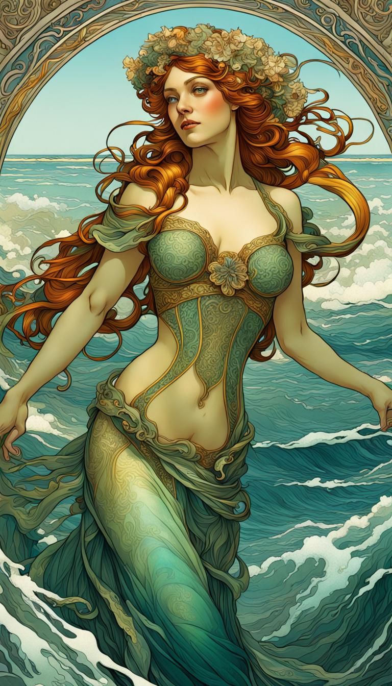 Art Nouveau Sea Maiden Graphic Illustration