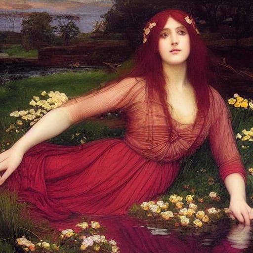 Mysterious Maiden by River in Pre-Raphaelite Style