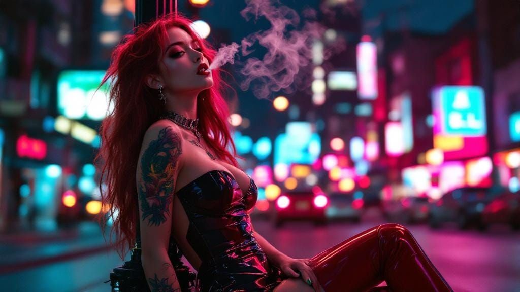 Japanese Woman in Neon Cityscape with Dragon Tattoo