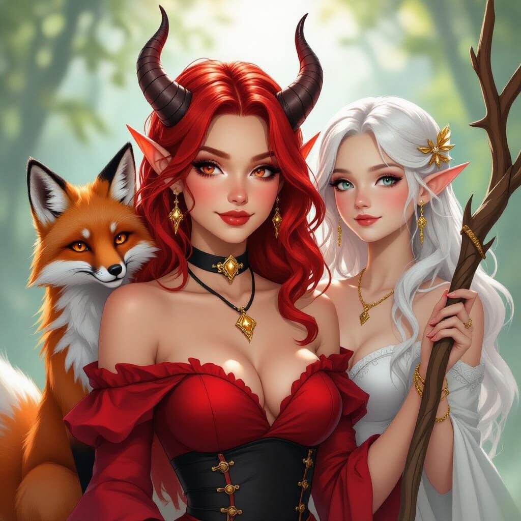 Tiefling Woman with Fox Companion in Whimsical Style