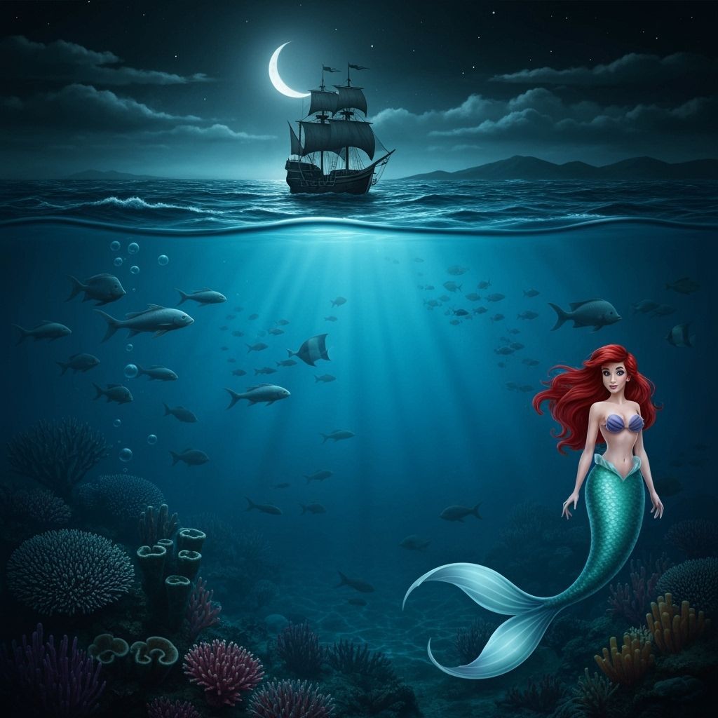 Hot Mermaid and Pirate Ship Under Moonlight