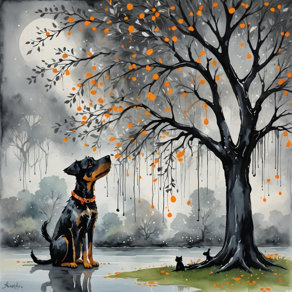 Whimsical Tree with Terrier and Kitten in Watercolor