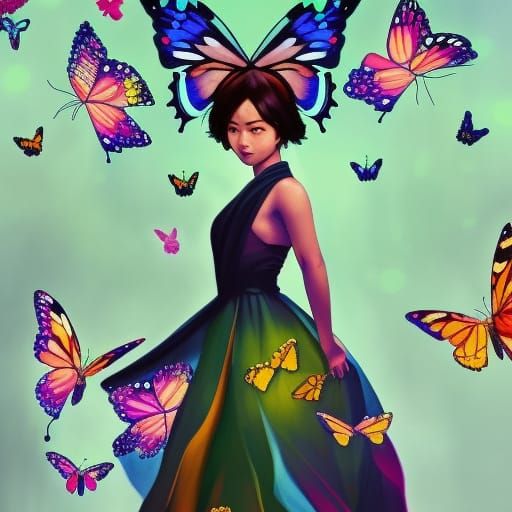 Asian Girl Silhouette with Colorful Butterflies
