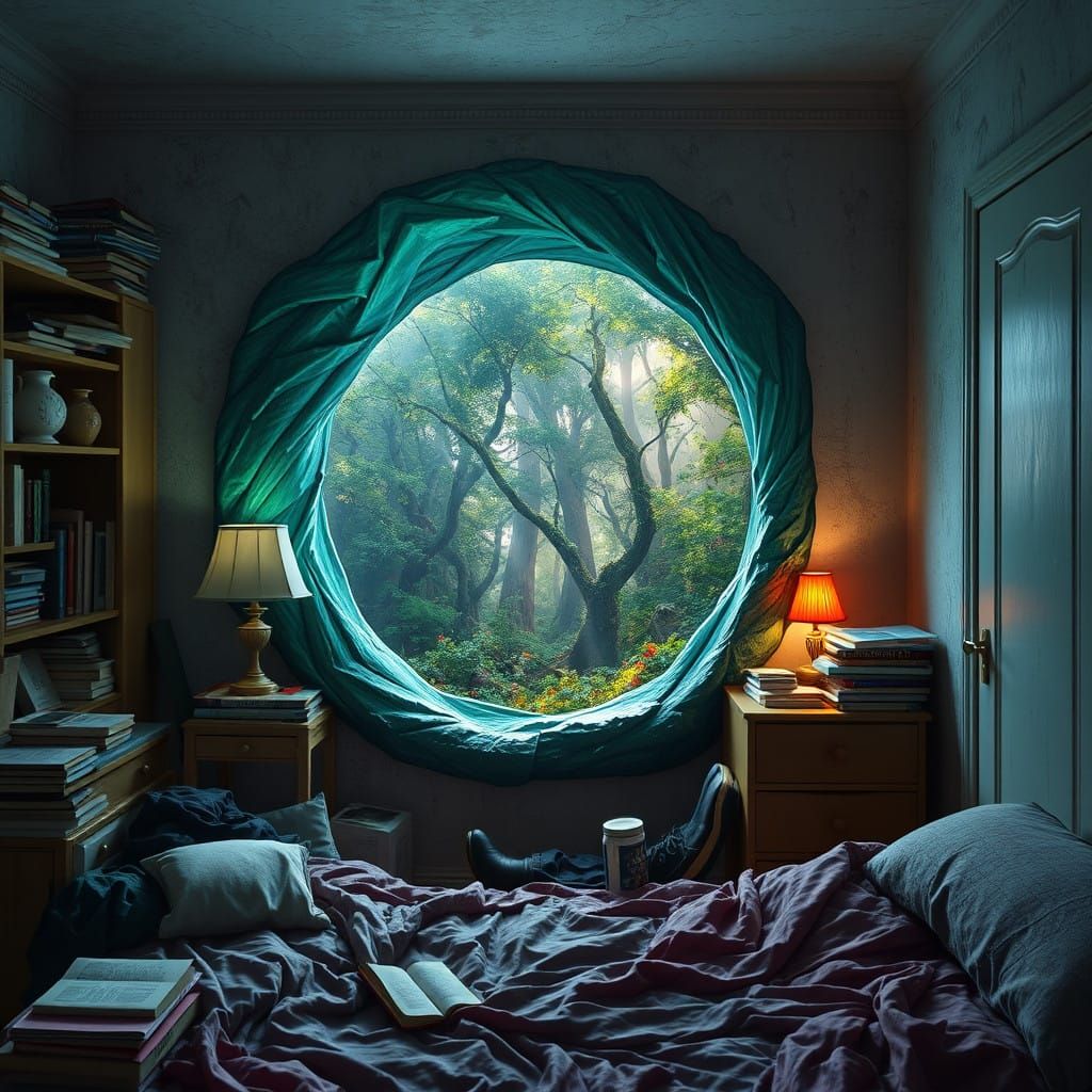 Whispers from a Mythical Realm on a Worn Bedroom Wall