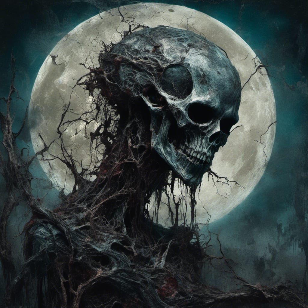 Eerie Moon with Decaying Face in Dark Fantasy Art