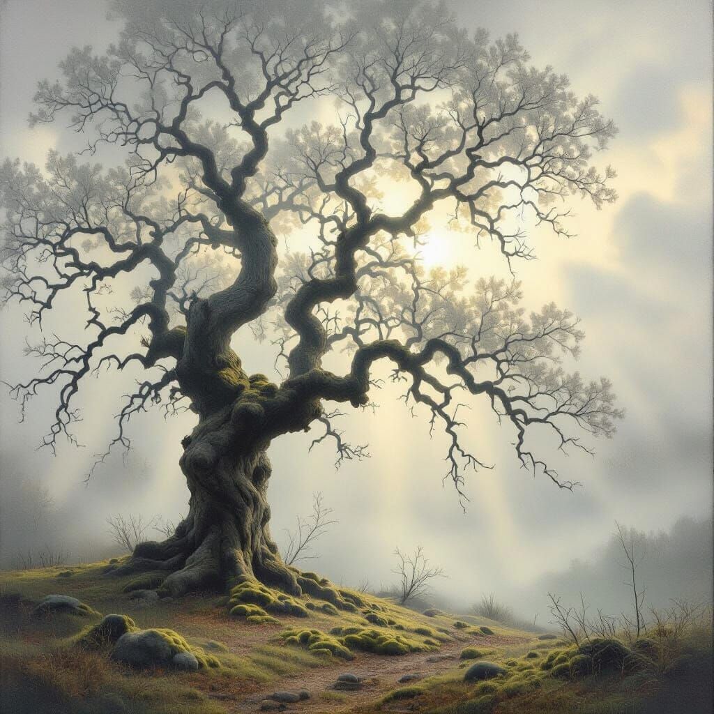 Ancient Oak in Ethereal Fog, Moody Realism Style
