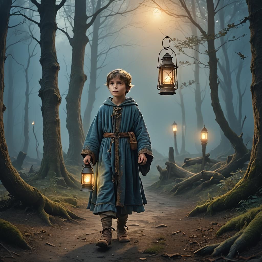 Medieval Child in Misty Forest: Fantasy Illustration