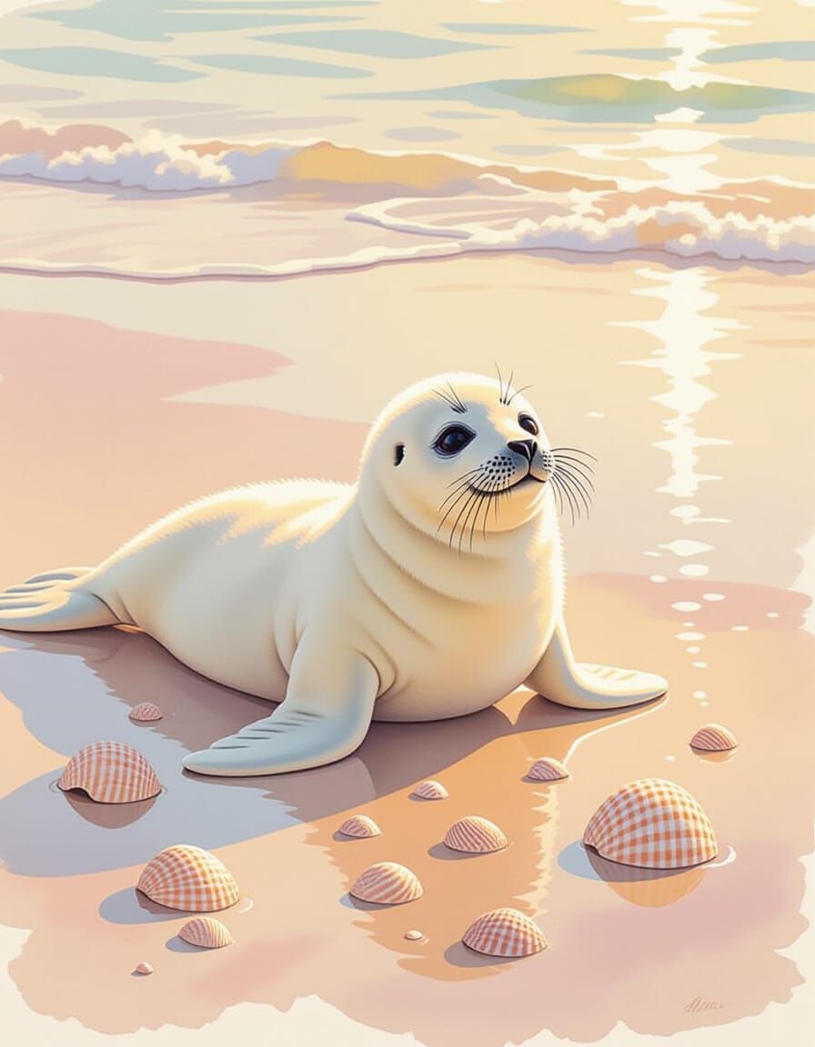 Pastel Baby Seal on Shoreline in Watercolour Style
