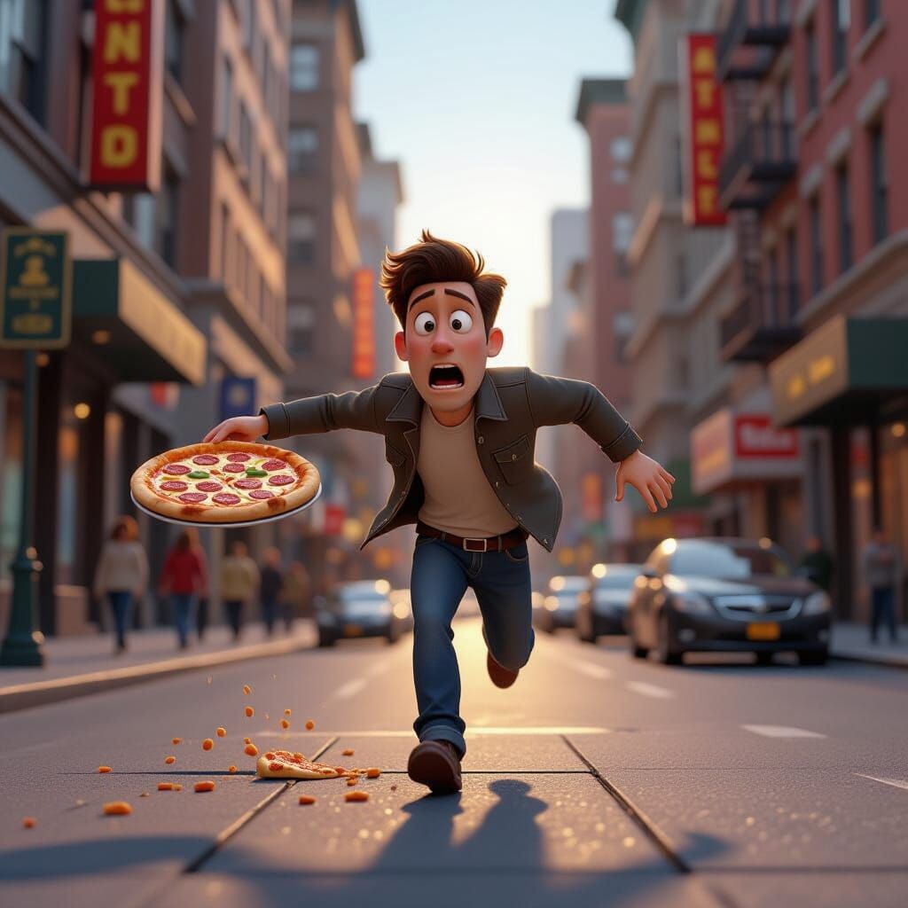 Man Drops Pizza in Pixar Style City Scene