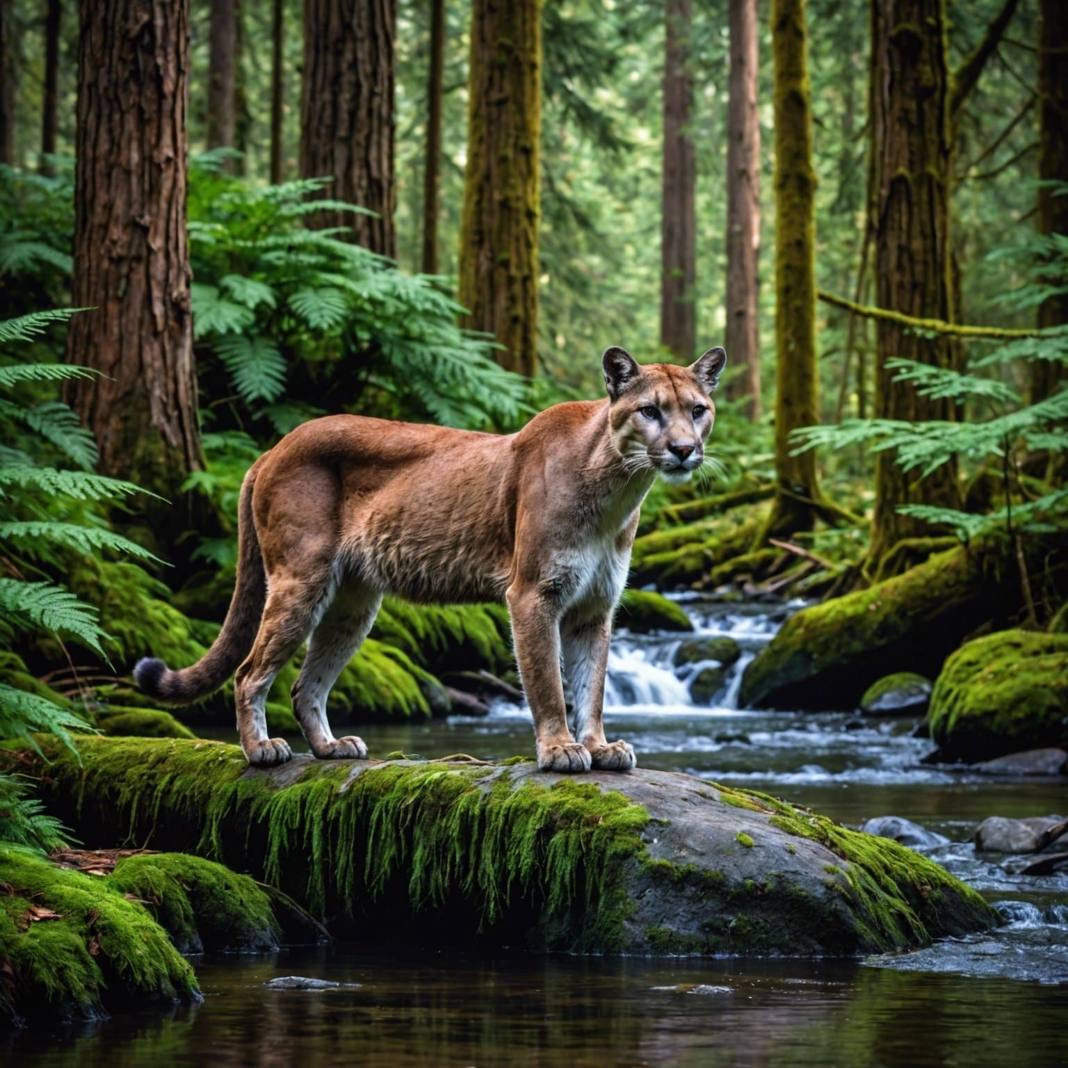 Cougar Hunting Heron in Pacific Northwest Forest
