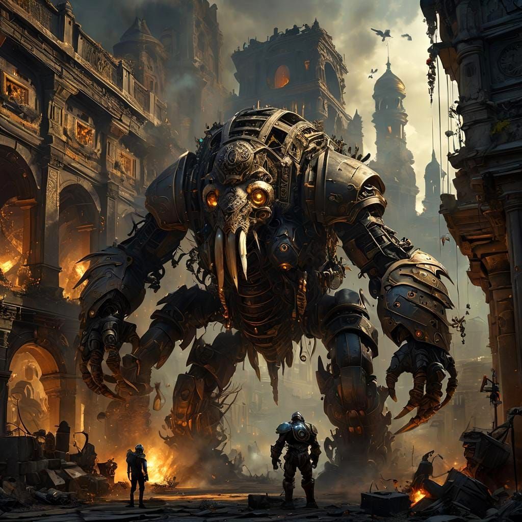 Clockwork Golem Battle in Decadent City Ruins