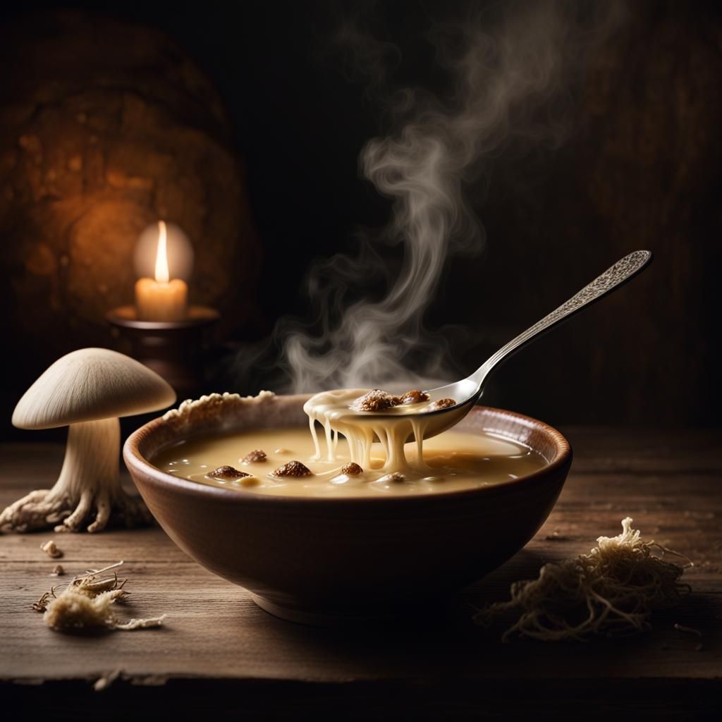Mycelium Soup Still Life in Rembrandt Style