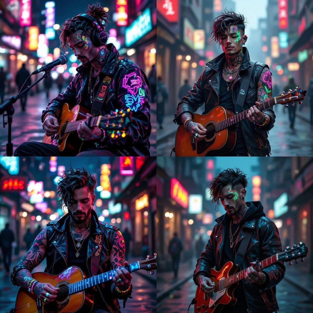 Cyberpunk Street Musician with Neon Tattoos