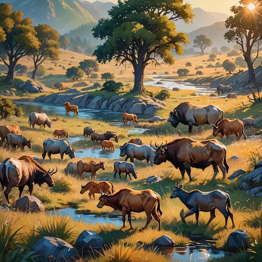Wild Animals Grazing at Golden Hour: Oil Painting