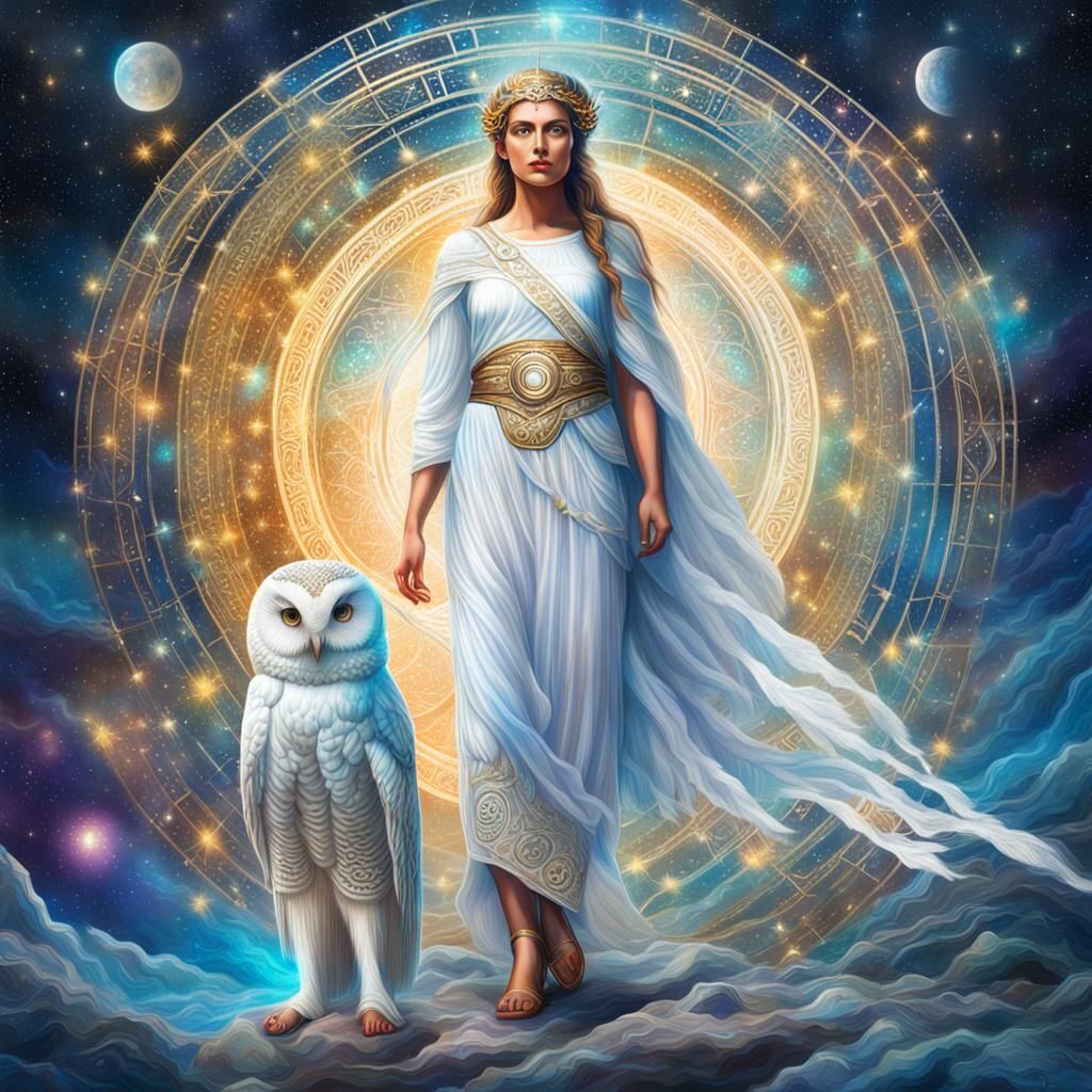 Greek Goddess with Owl: Holographic Astral Illustration