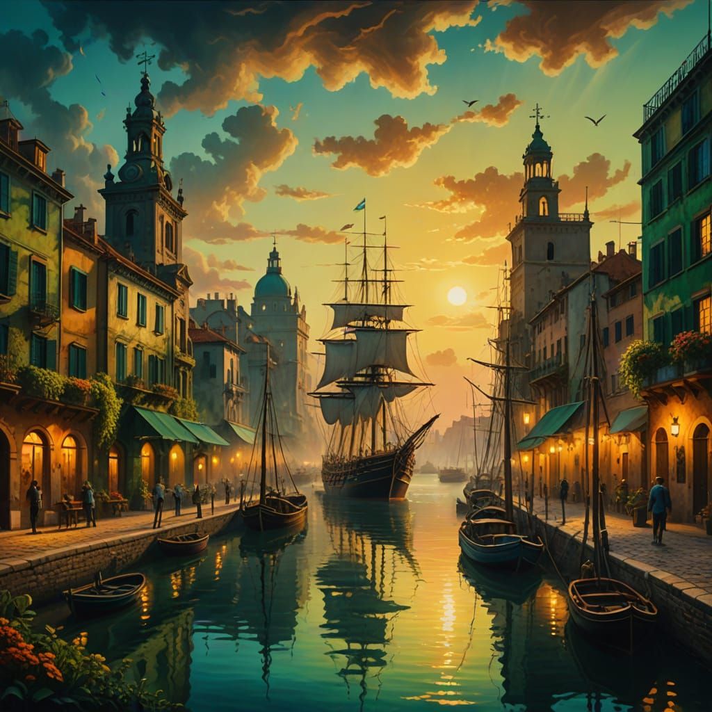 Youthful City Rises from the Mist in Vibrant Oil Painting