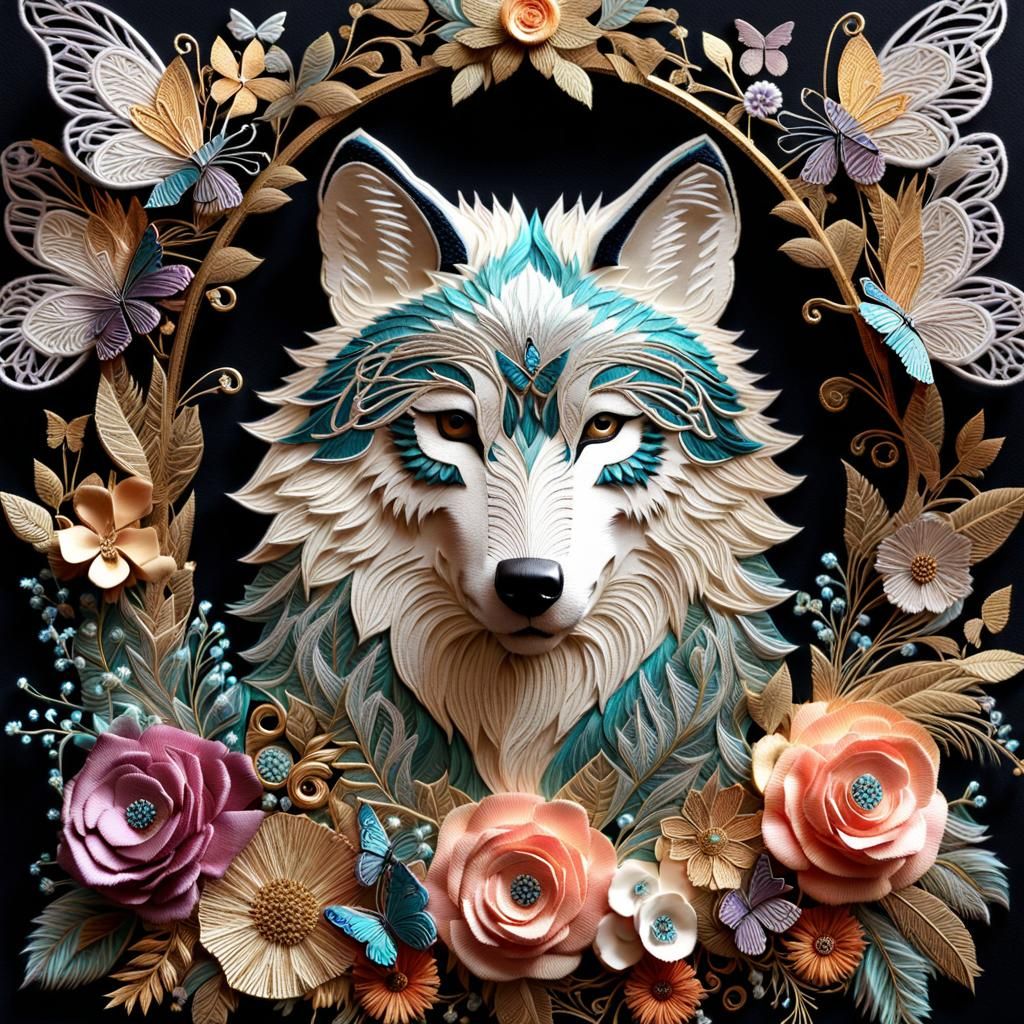 3D Wolf Embroidery with Flowers and Butterflies