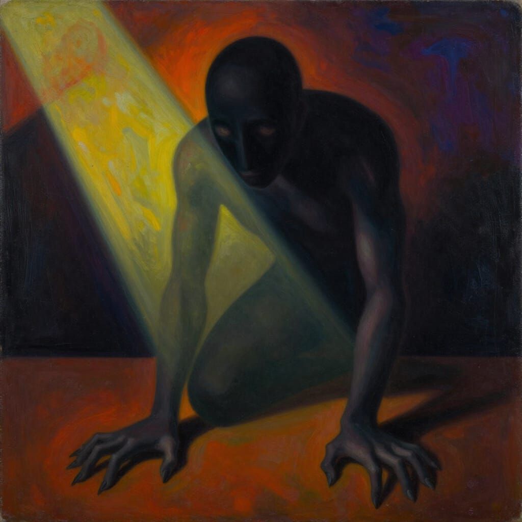 Addiction as Shadowy Entity in Surreal Dalí Magritte Style