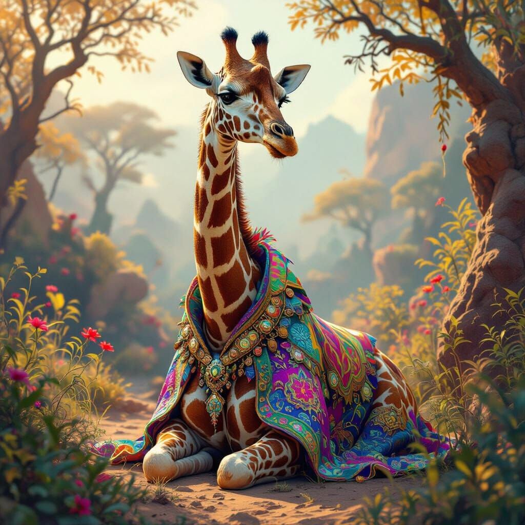 Giraffe in Intricate Cloak, Hyperrealistic Fantasy Art
