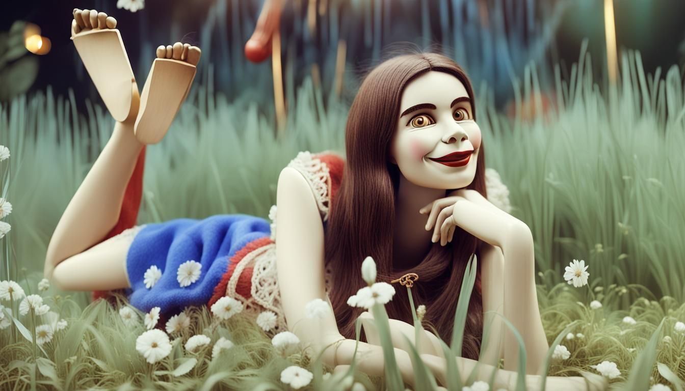 Puppet girl lying in a meadow
