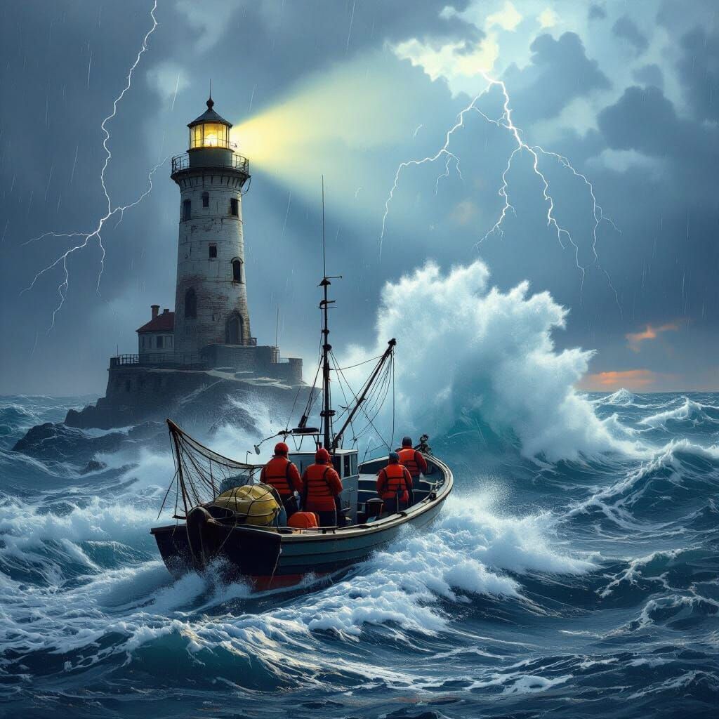 Fishing Boat Battles Storm Near Lighthouse
