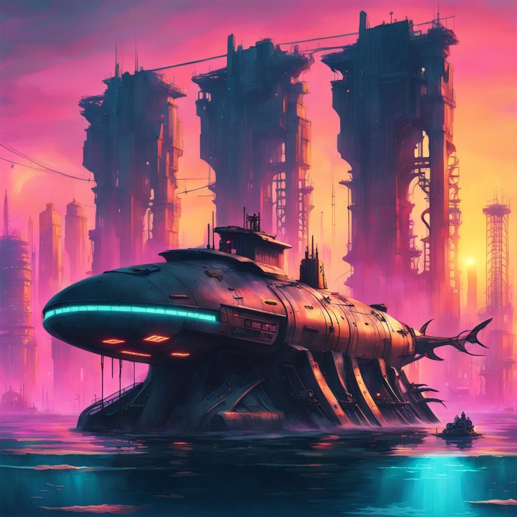 Cyberpunk Submarine in Underwater City