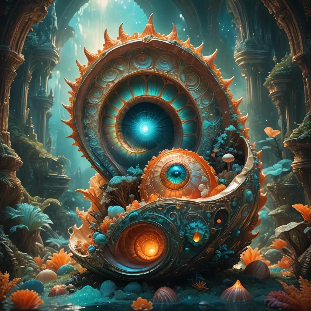 Glowing World Inside Ornate Shell: Digital Matte Painting