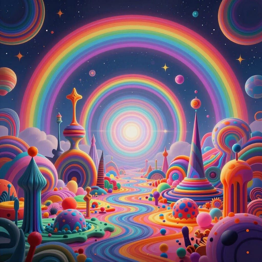 Psychedelic Rainbow Landscape with Surreal Geometric Forms