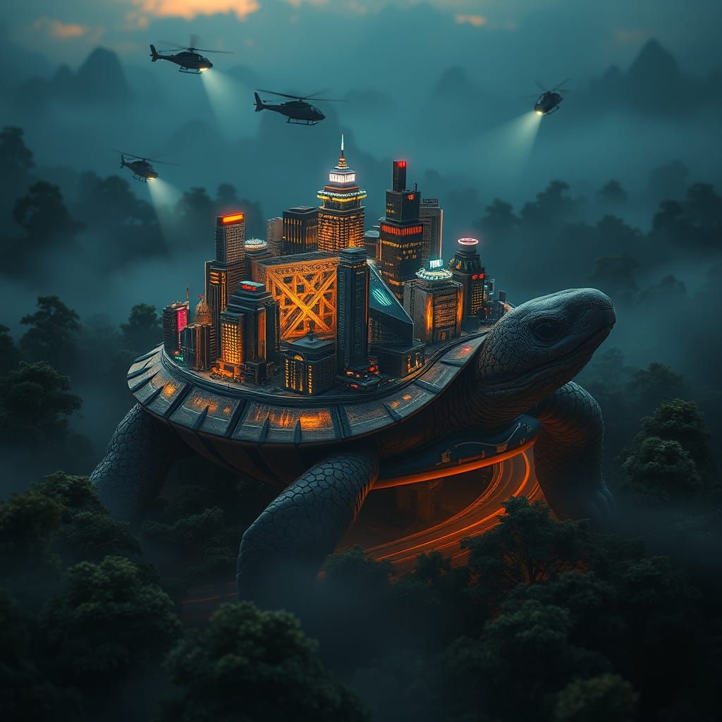 Miniature Metropolis on Turtle Shell, Futuristic Cityscape
