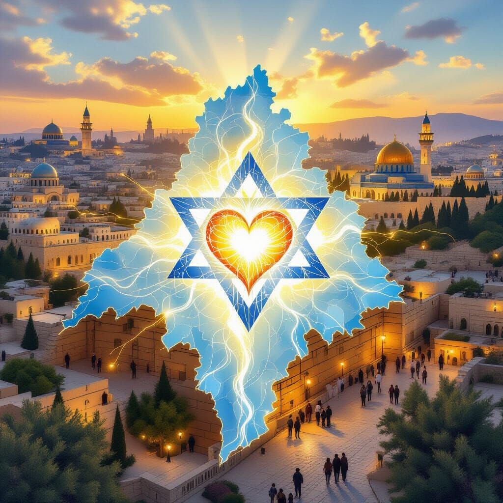 Radiant Israel Map with Glowing Heart in Fantasy Art