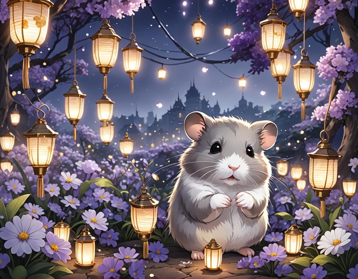 Hamster with Flowers and Lanterns in Anime Style