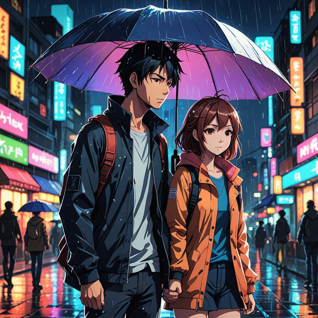Adorable Anime Couple Embracing Under a Rainy Umbrella