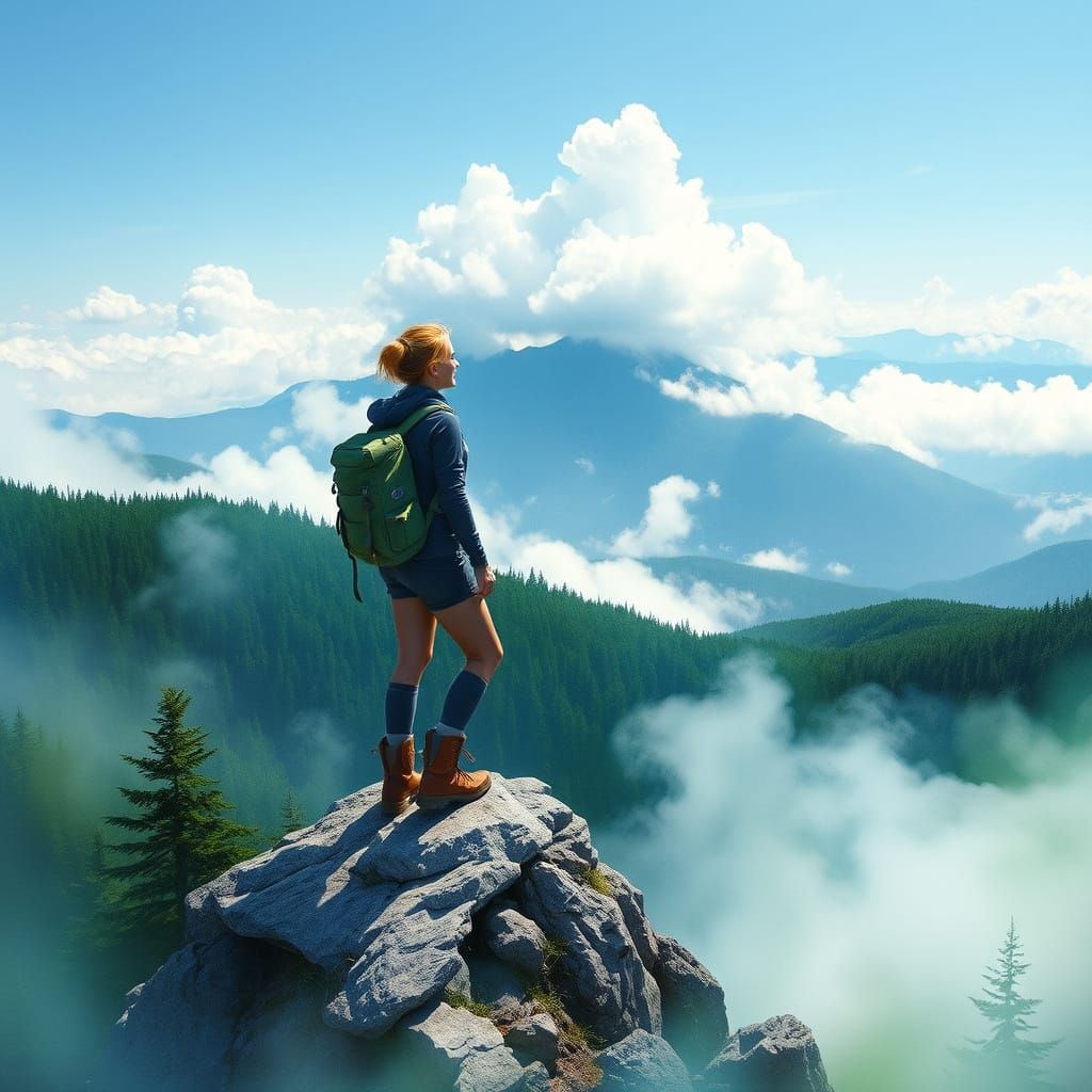 Ethereal Hiker Ascends Misty Mountain, Watercolor Style